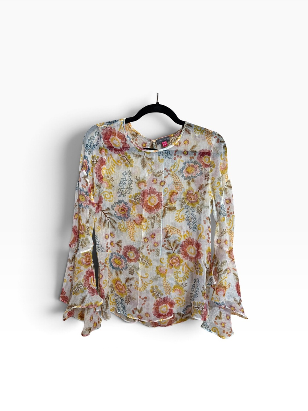 Vince Camuto Fall Floral Bell-Sleeve Chiffon Sheer Keyhole Blouse Size XS